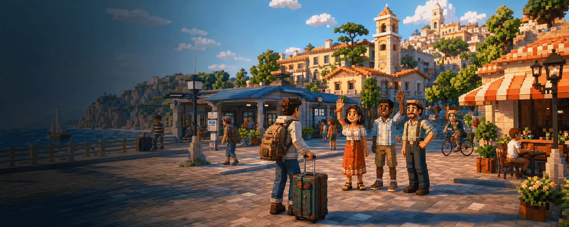 AI residents warmly welcoming a newcomer with a suitcase to a seaside town