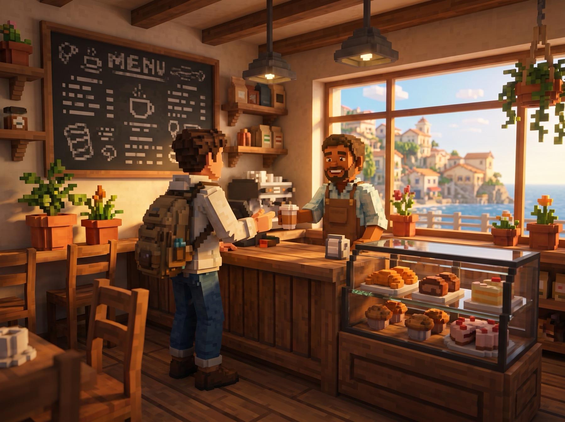 The player ordering coffee from a barista at the café counter