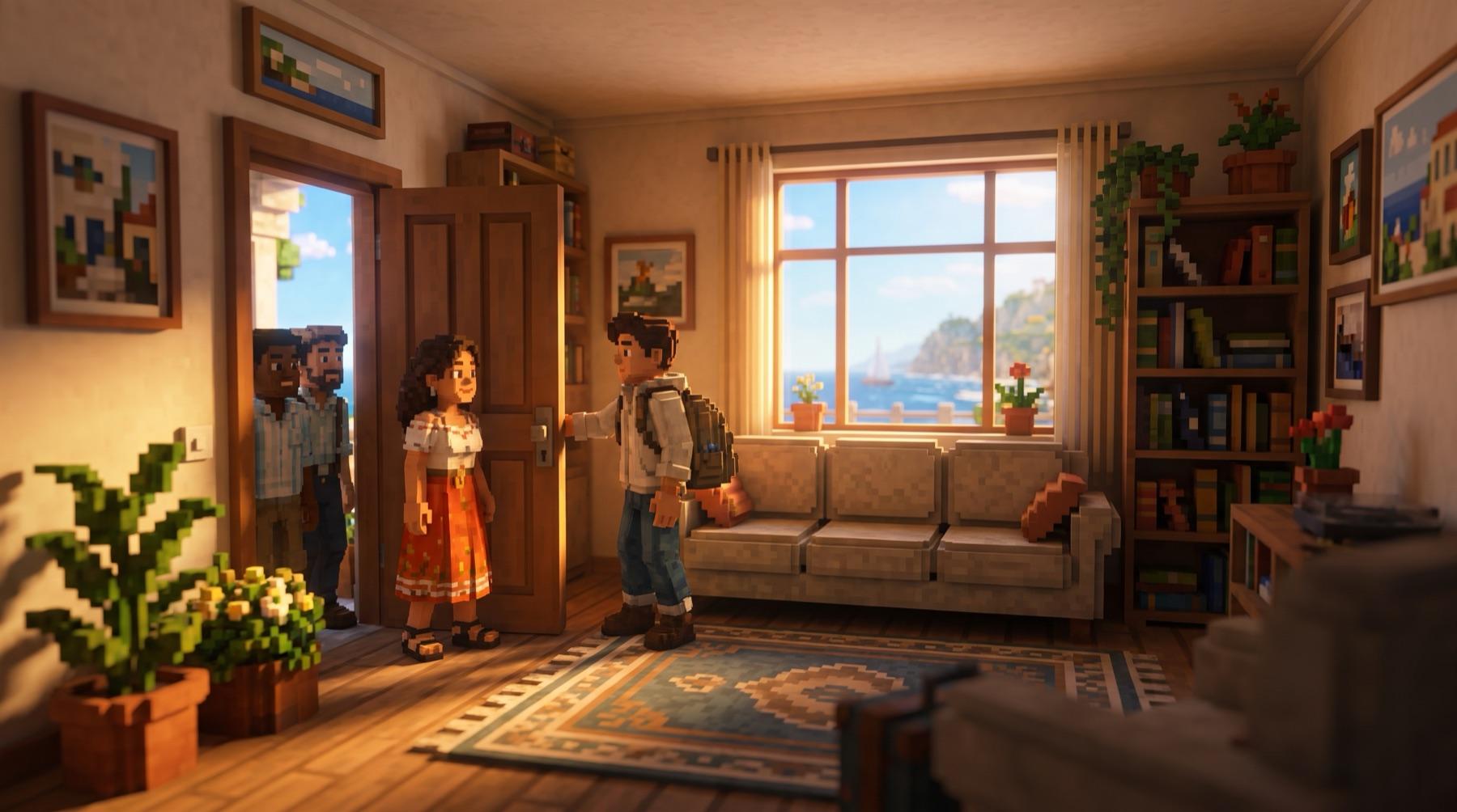The player opening the door of a new home to welcome neighbors