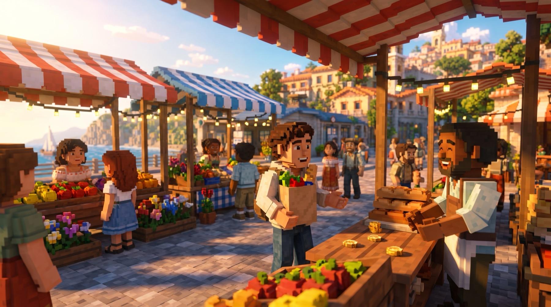 The player chatting with a vendor while shopping at the weekend market