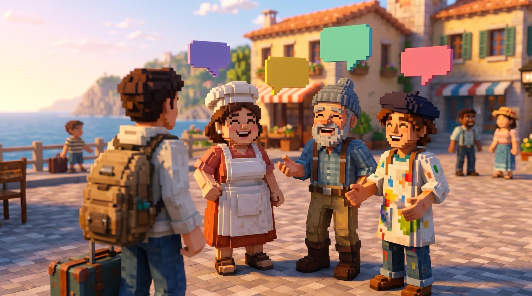 The player laughing and chatting with AI neighbors in the town square